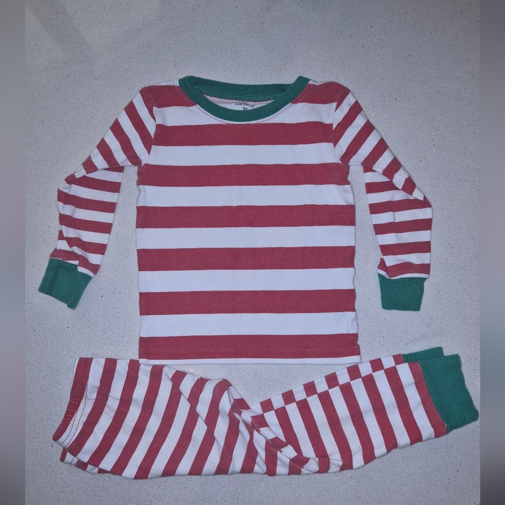 Carter's Red and White Striped Pajama Set with Green Accents 3T